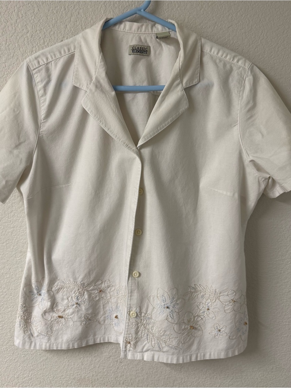 Classic Elements White Button-Up Shirt with Embroidered Beaded Logo